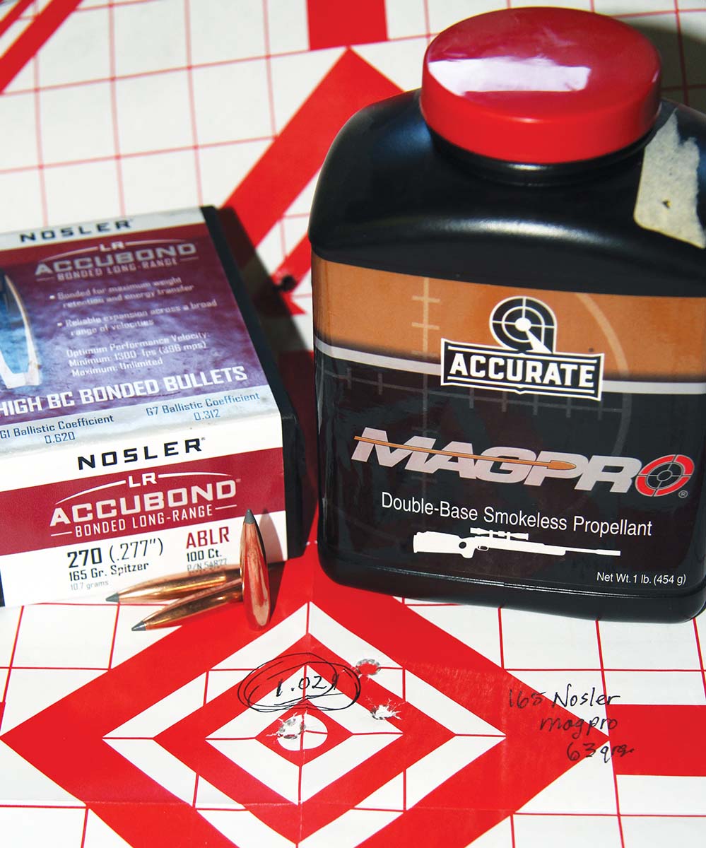 Nosler’s 165-grain Long Range (LR) AccuBond struggled with the powders chosen, the best group measuring just 1.02 inches using 63 grains of Accurate Magpro. Muzzle velocity was 2,892 fps.